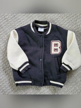 Zara Navy and Cream Kids Varsity Jacket with 'B' Patch